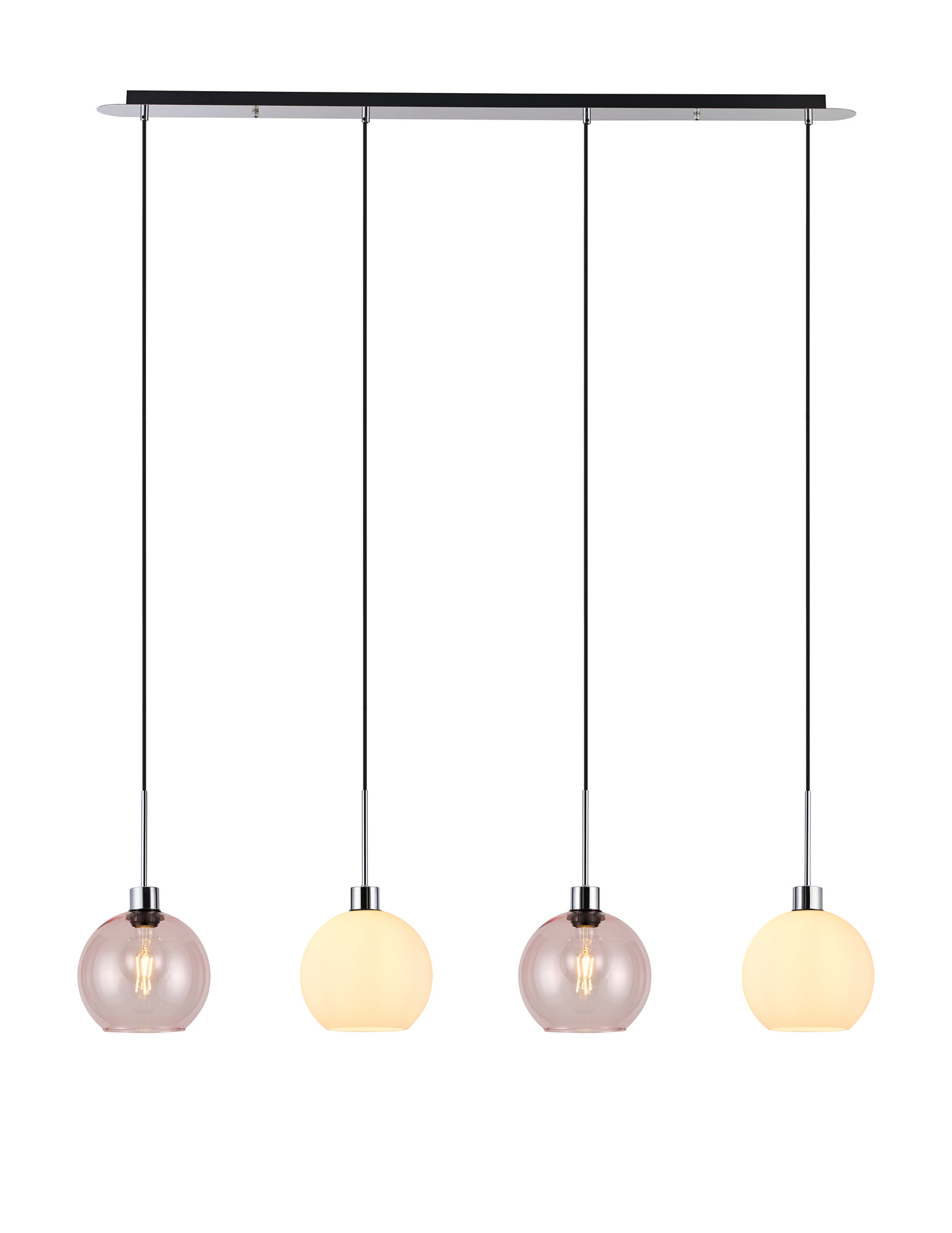 DK1323  Lori Linear Pendant, 4 Light Adjustable E27, Polished Chrome/Opal/Pink Open Mouth Round Globe Shades